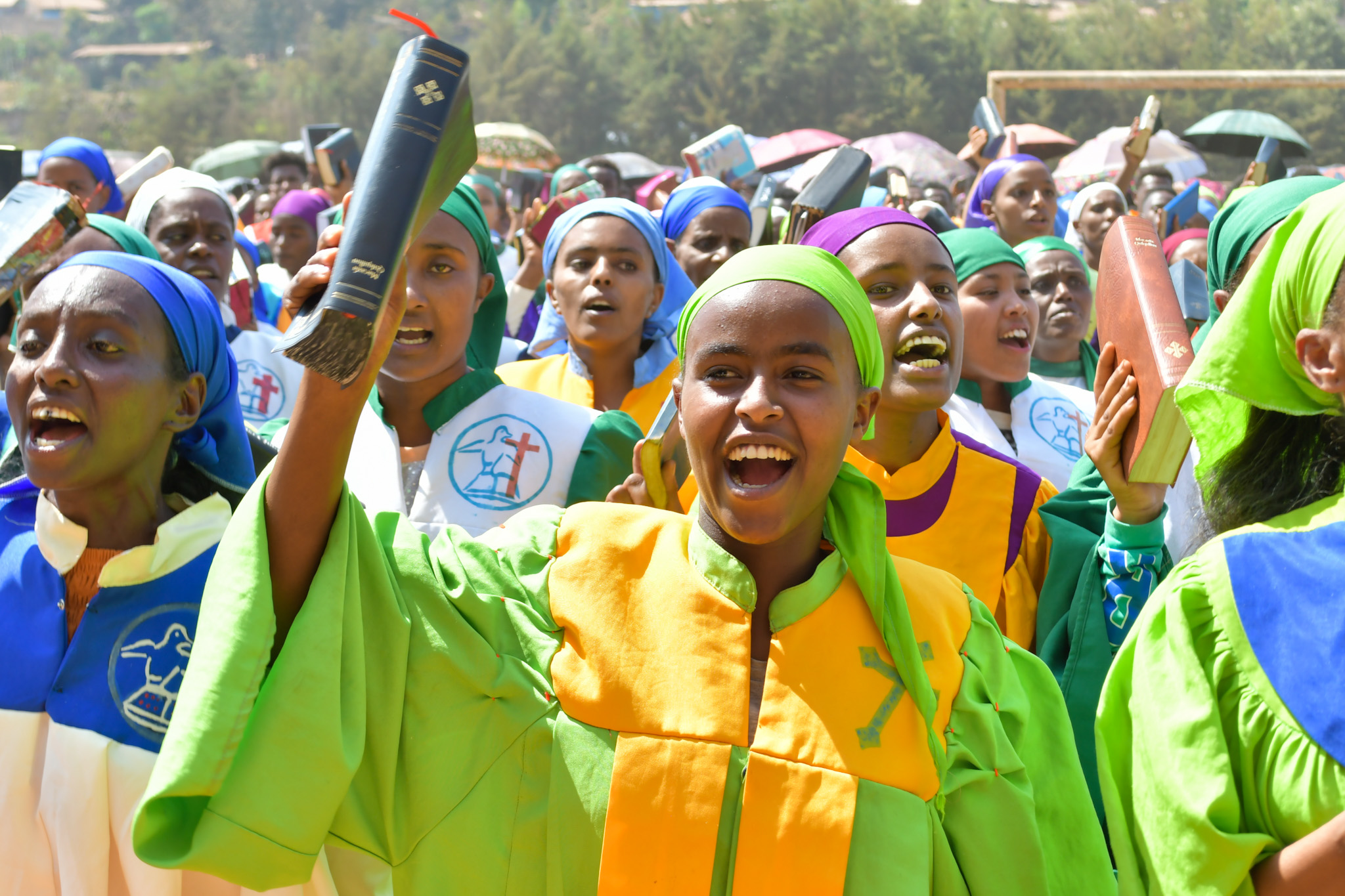 Believers celebrating with Bibles raised
